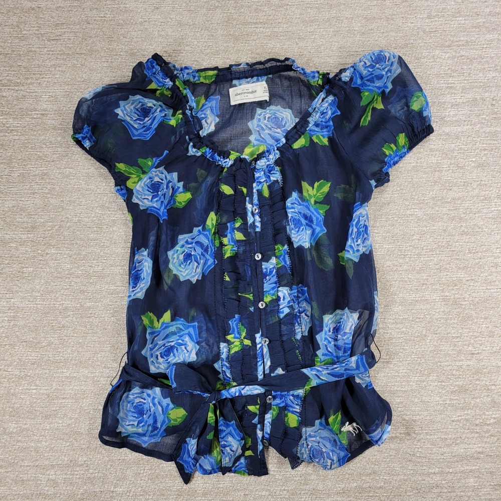Abercrombie & Fitch Kids Sheer Floral Top XL Blue Rose Belted Ruffle Cottagecore